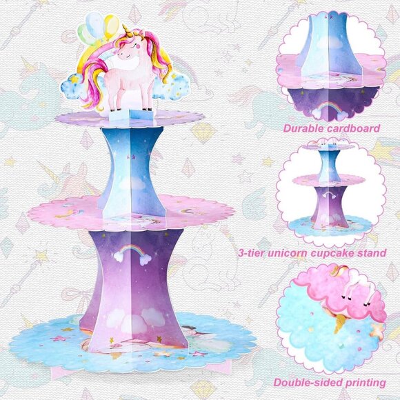 3 Tier Unicorn Cupcake Stand Watercolor Unicorn Cardboard Cupcake Holder New - Picture 7 of 8